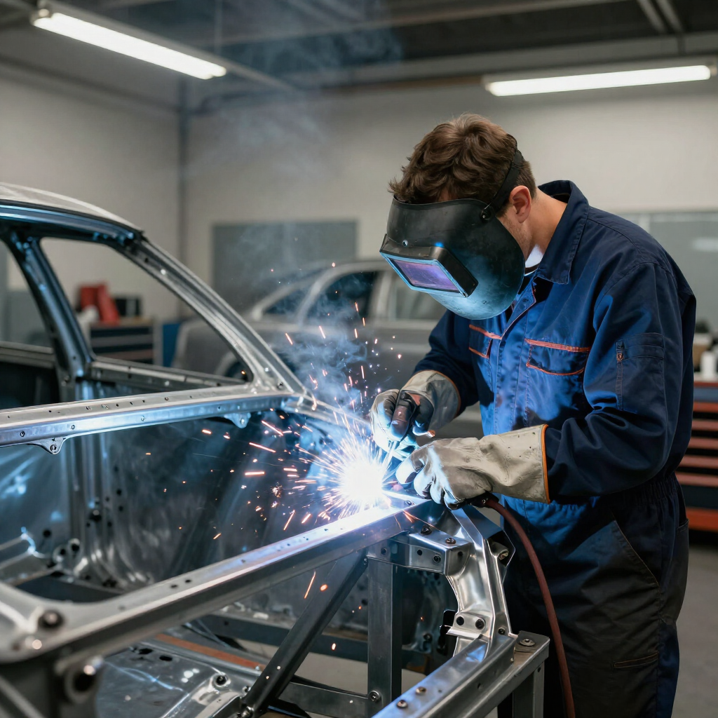 Welder in blue coveralls welding a car frame, sparks flying in an auto shop