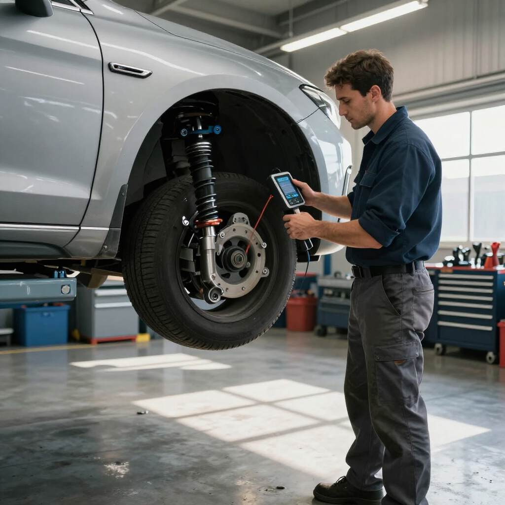 Mechanic using a handheld scanner beside a raised silver car in an auto repair shop