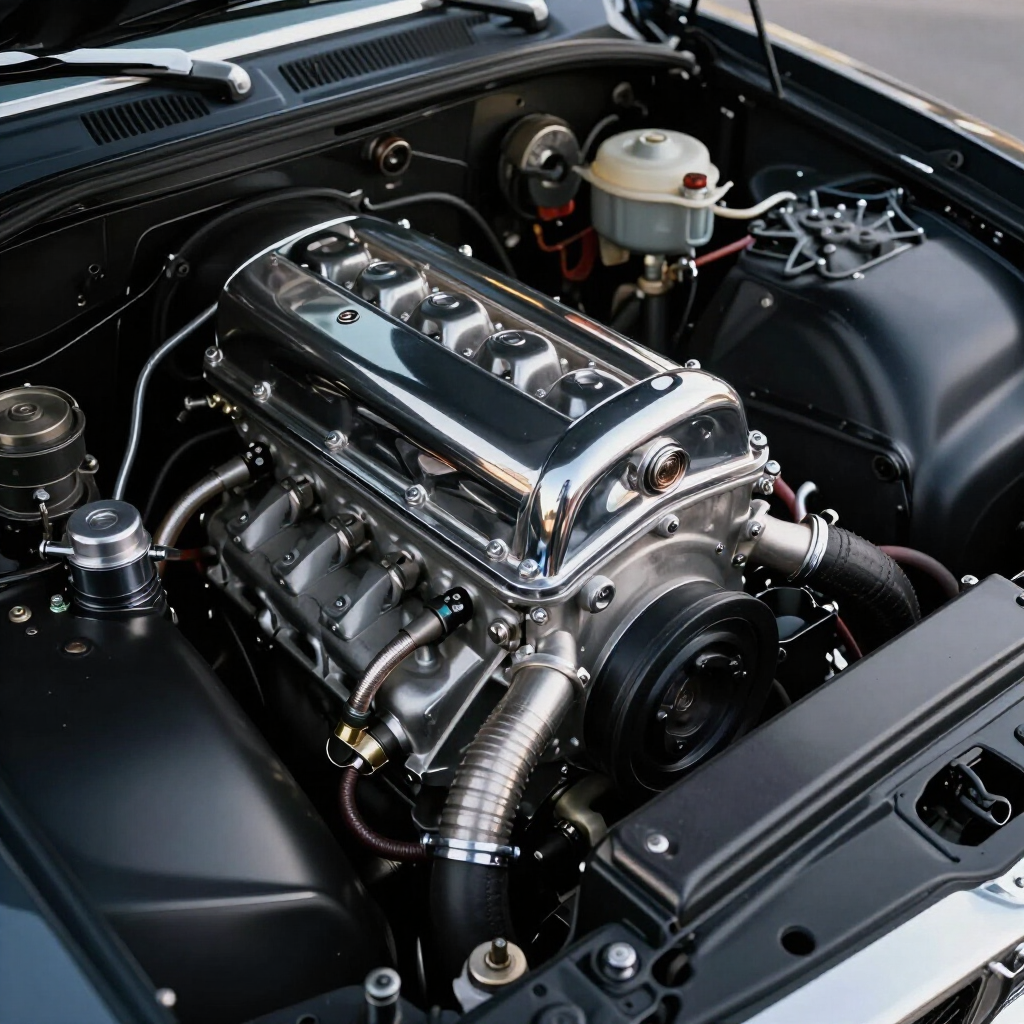Chrome car engine in a black engine bay with polished valve cover and air intake component