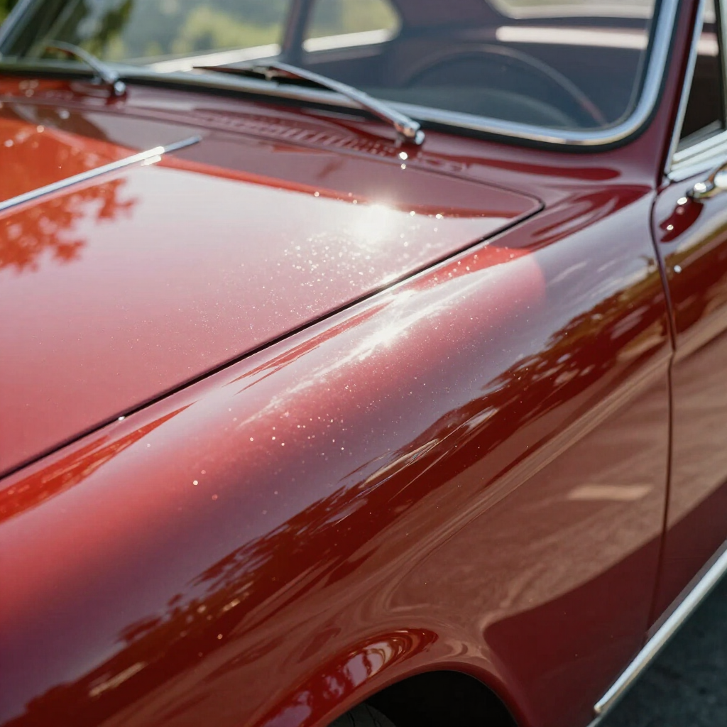 Close-up of a glossy red classic car hood and windshield with sunlight reflections