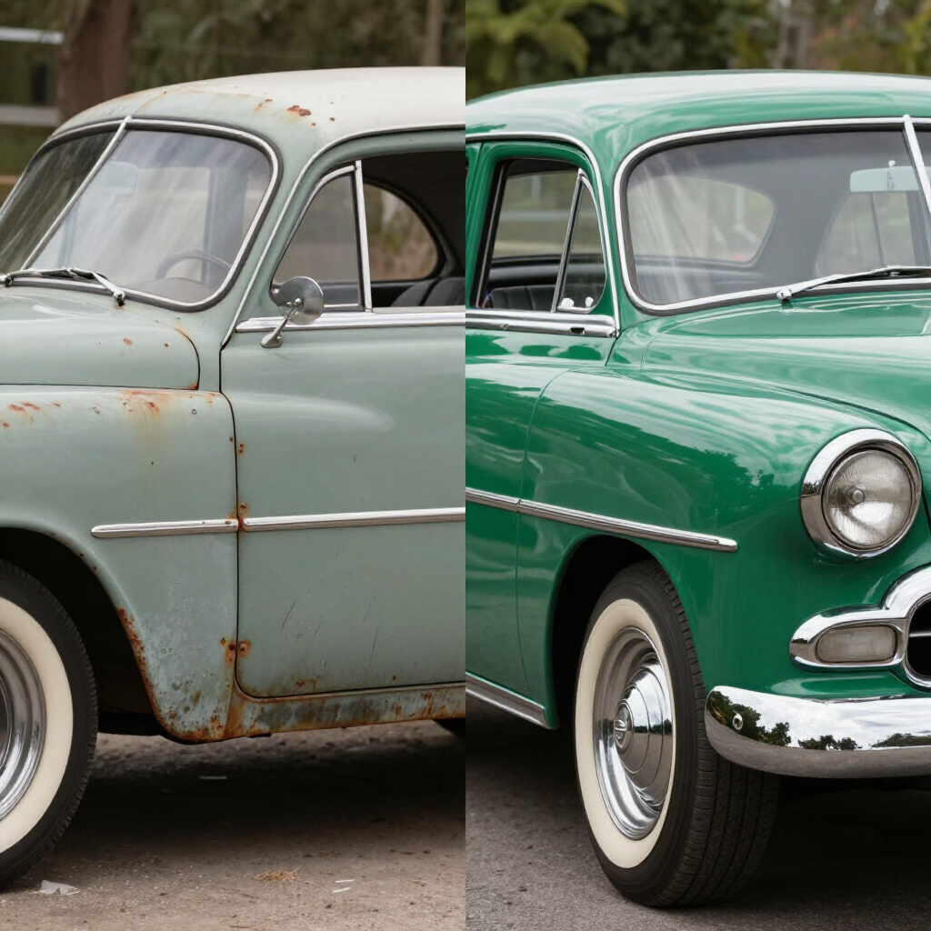 Two-tone vintage car, green front and gray rear, parked outdoors.