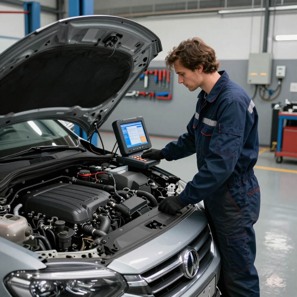 Mechanic using a diagnostic tablet on a car with the hood open in a garage