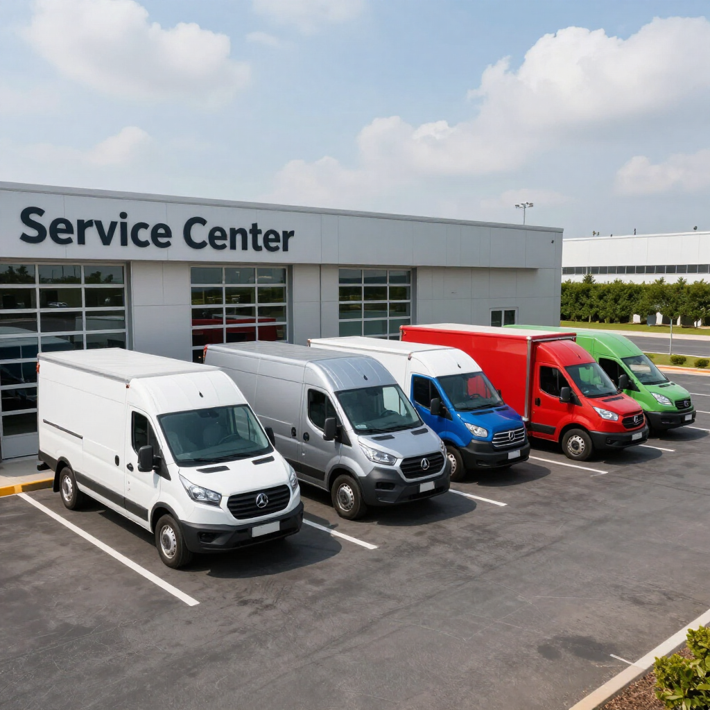 Service center with five parked delivery vans in white, gray, blue, red, and green