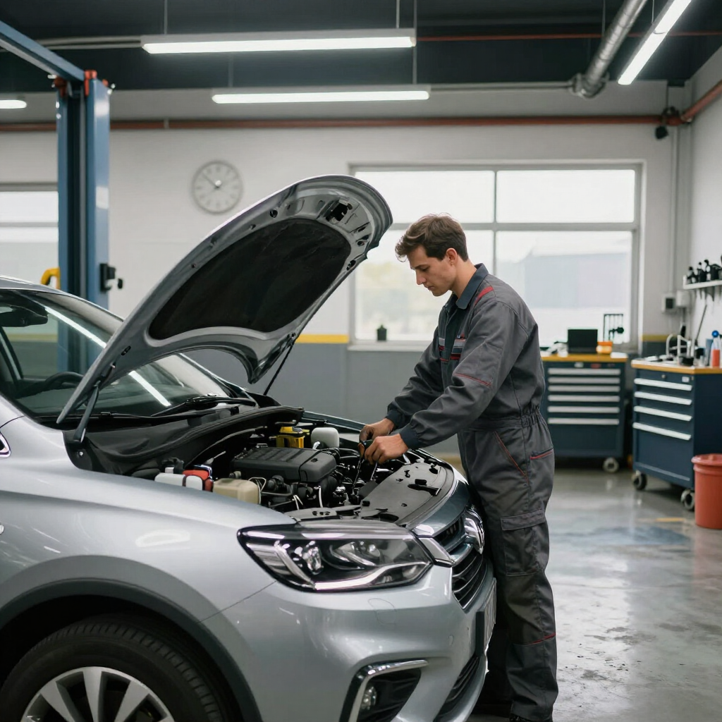 Mechanic working under the hood of a silver car in an auto repair shop