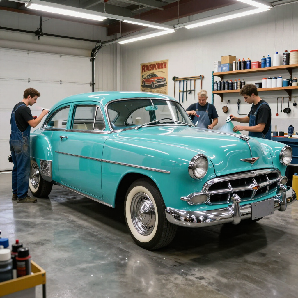 Turquoise vintage car in a garage with three people polishing and inspecting it