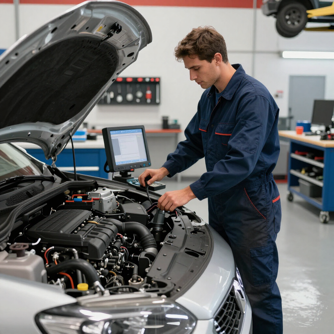 Mechanic working under an open car hood in a repair shop, using a diagnostic laptop.