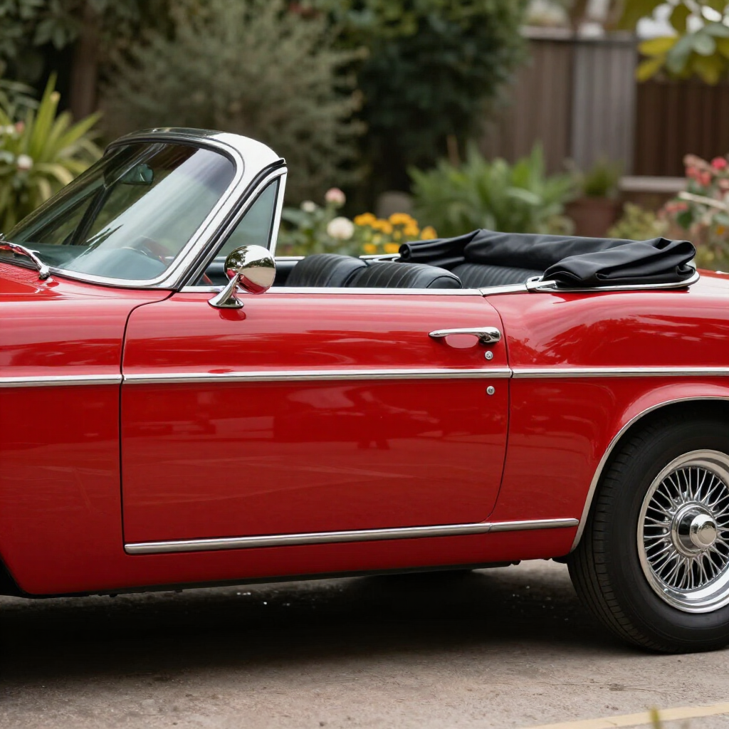 Red convertible car parked outdoors with the top down, side view.
