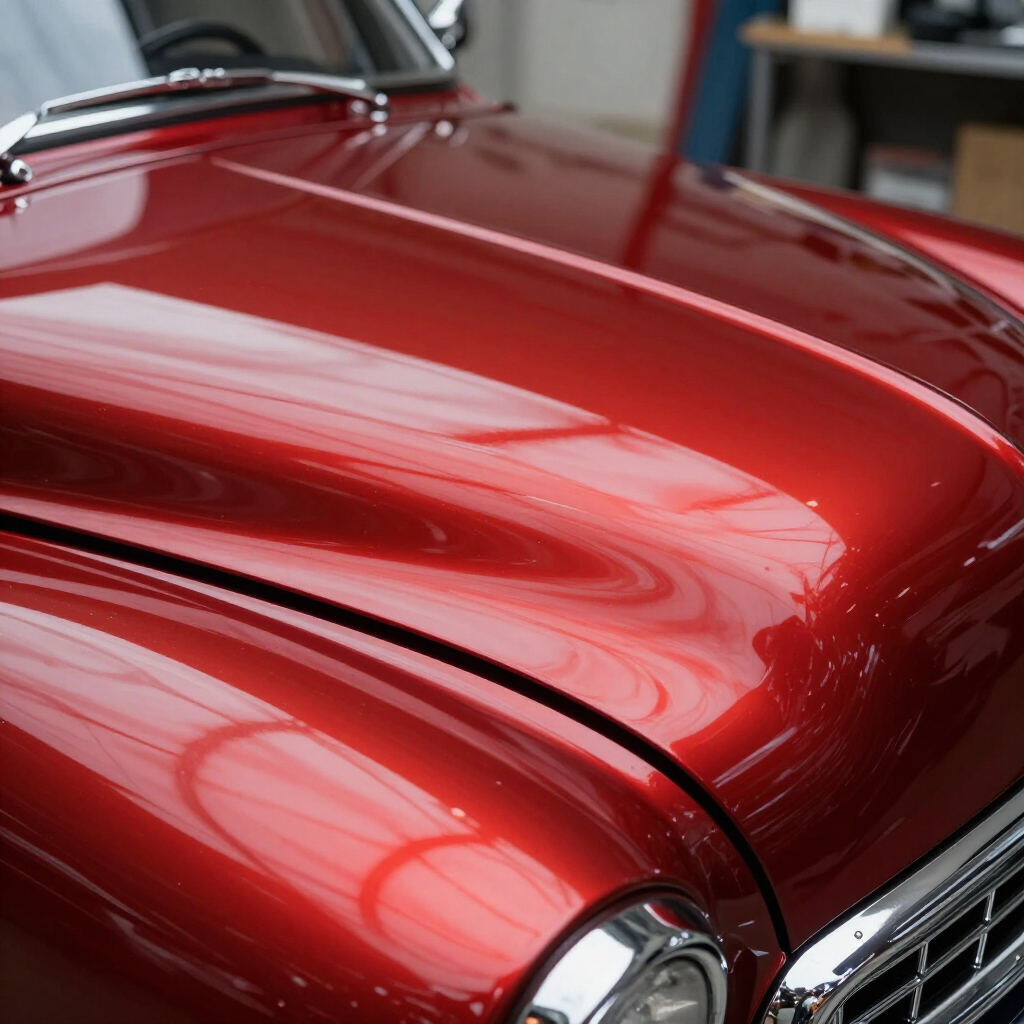 Close-up of a glossy red car hood and grille with reflections