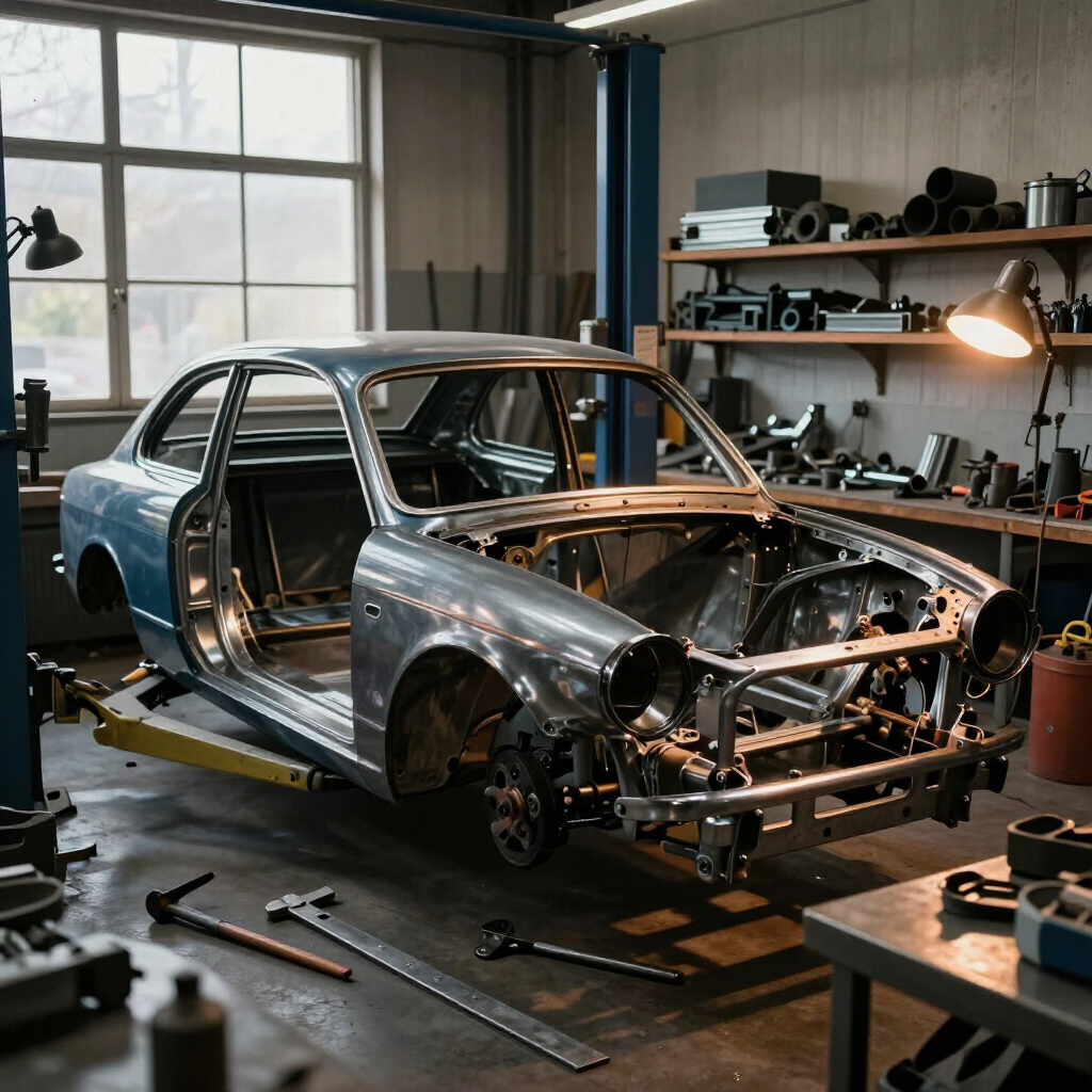 Classic car being restored in a garage, with tools, parts, and exposed engine chassis.