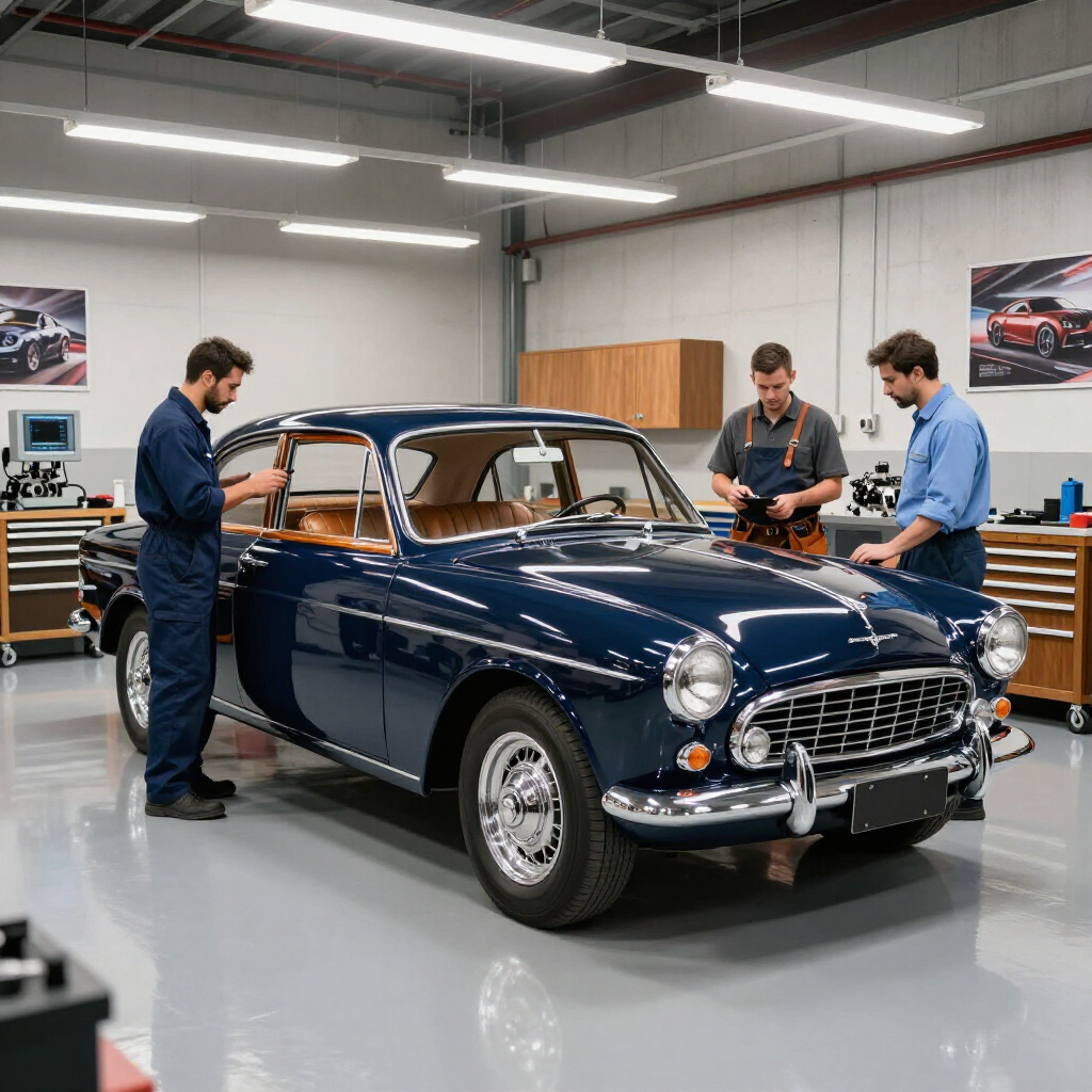 Three men inspect a navy classic car in a bright auto workshop.