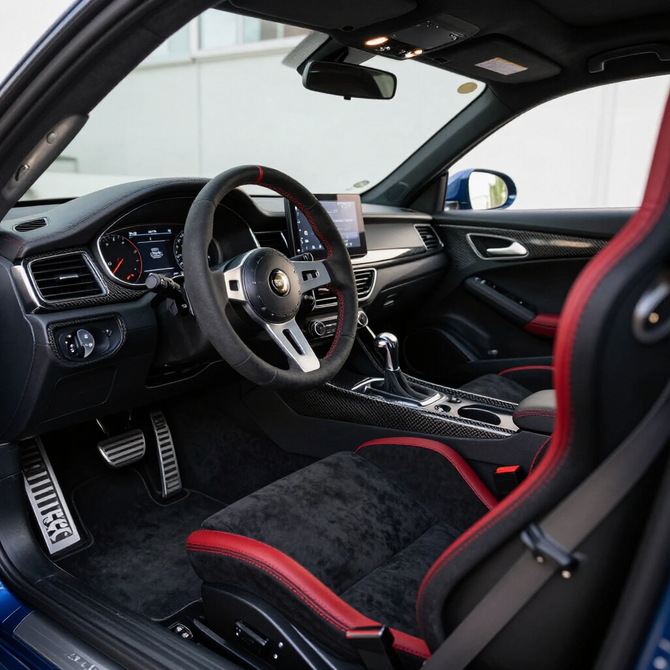 Luxury car interior with black-and-red racing seats and a sporty steering wheel