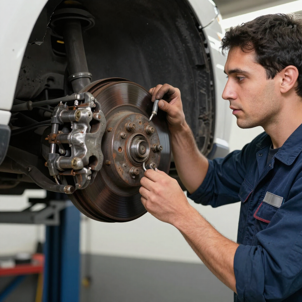 Mechanic inspecting a car’s brake rotor and caliper in a workshop
