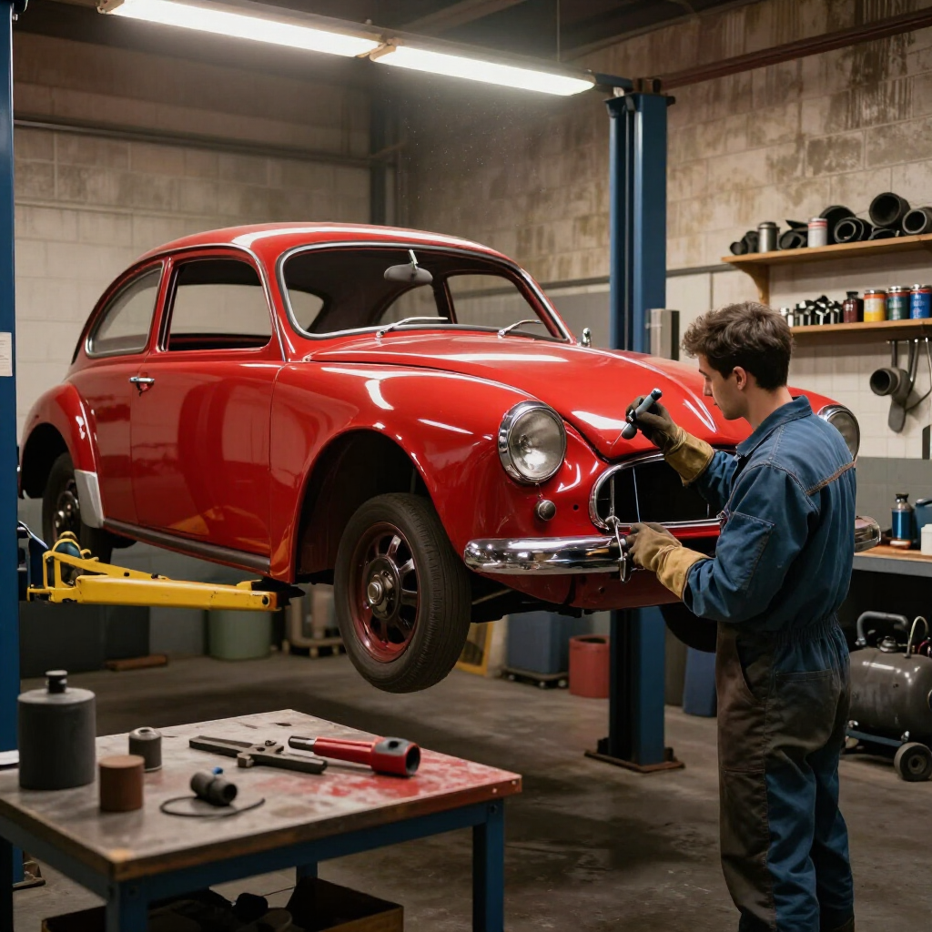 Red vintage car being repaired in a garage by a mechanic on a lift