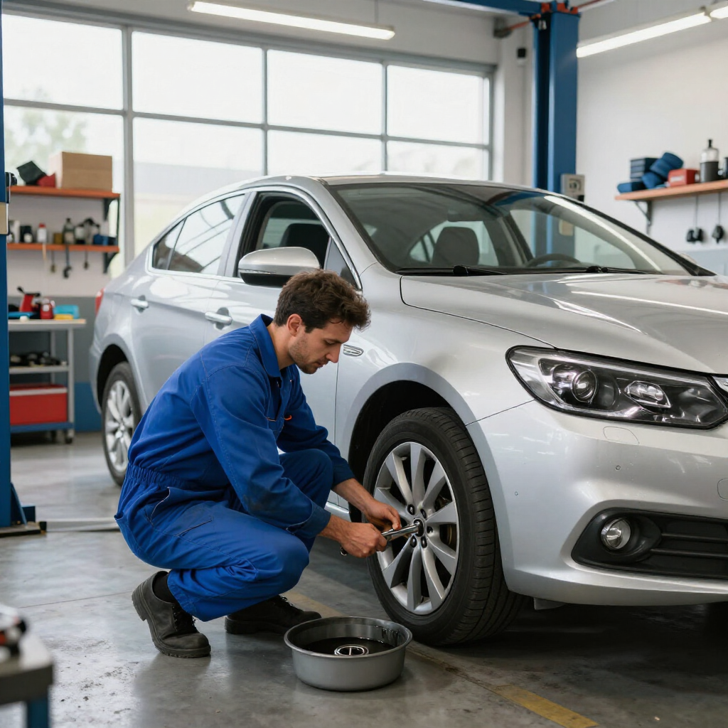 Mechanic in blue coveralls checking a silver SUV’s front wheel in an auto shop
