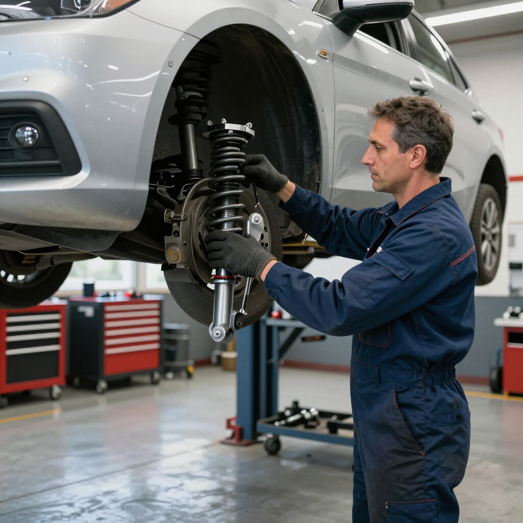 Mechanic installing a car’s front suspension in an auto repair shop