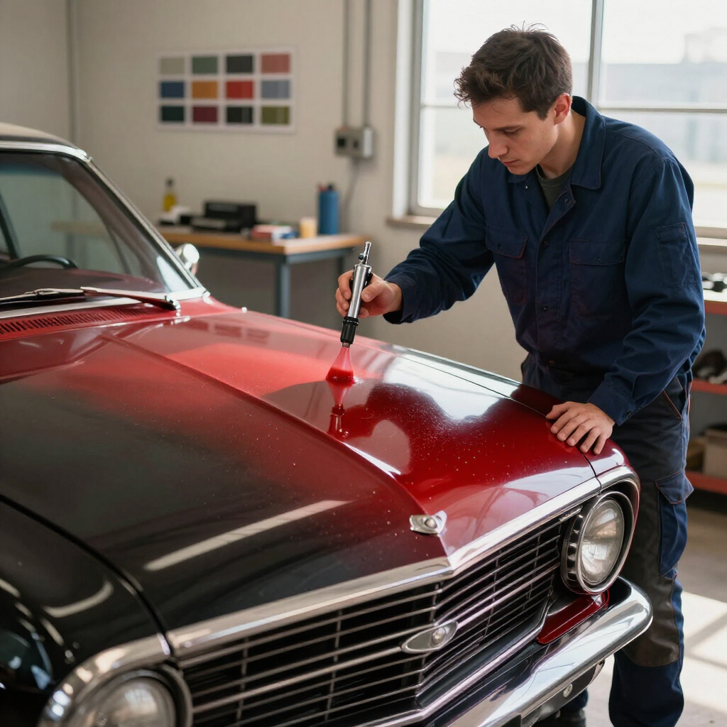 Man polishing a red classic car hood with a buffer in a garage