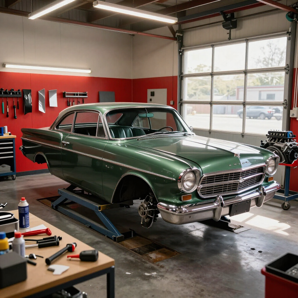 Green classic car on a lift in an auto repair shop garage, with tools and open bay doors.