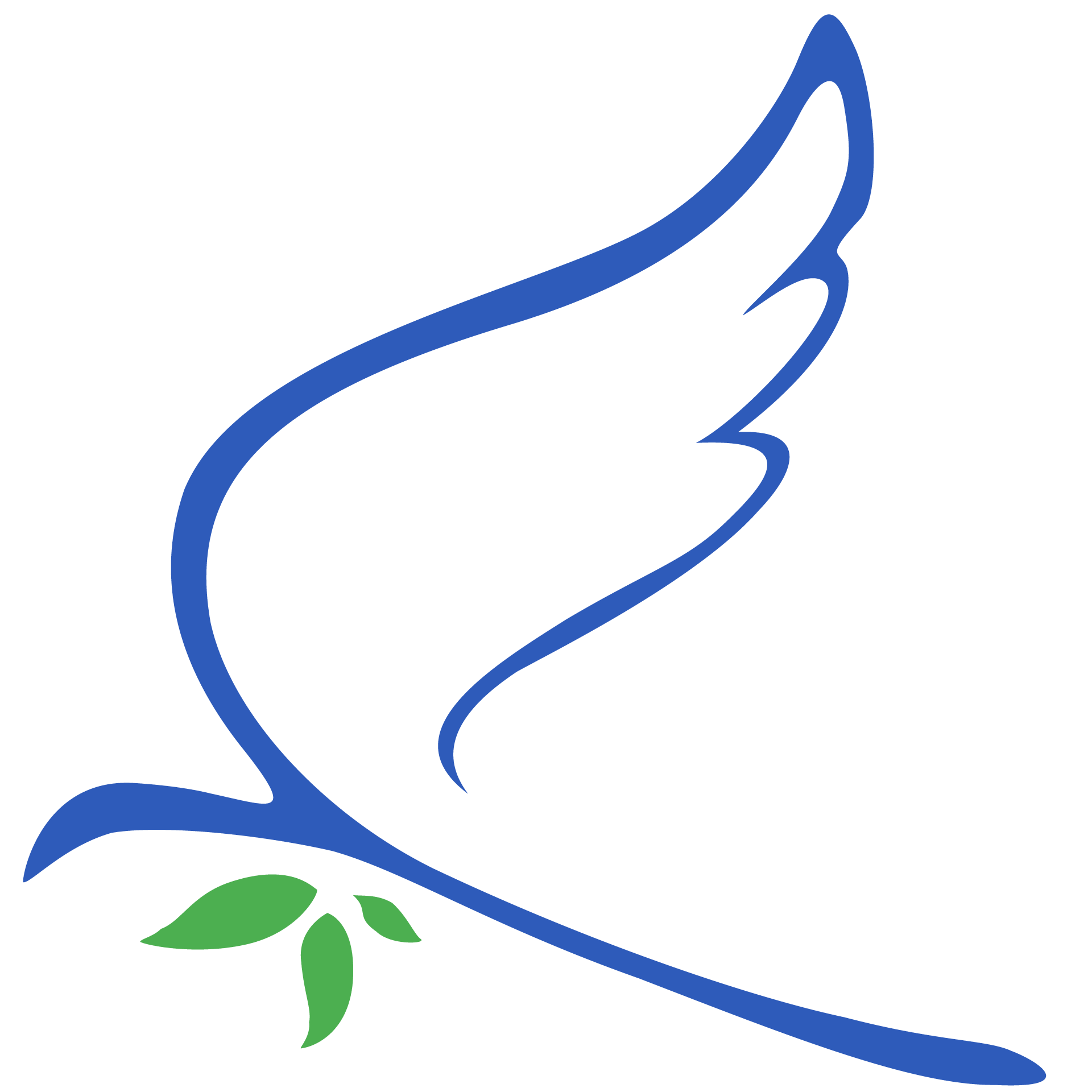 Blue dove with outstretched wing, holding green leaves.