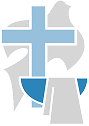 Blue cross, dove, and baptismal font, light blue and gray colors.