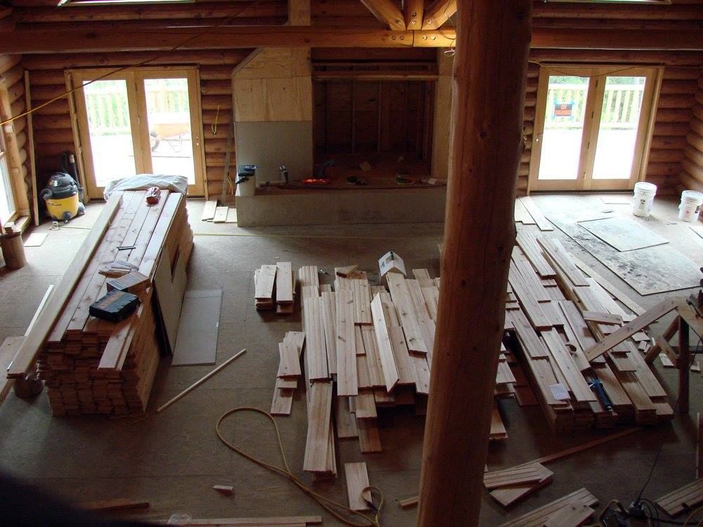 A large room with a lot of wood in it.
