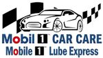 Mobil 1 Car Care and Mobile 1 Lube Express logo with a sports car and checkered flags