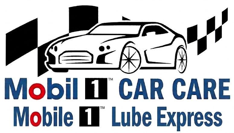 Mobil 1 Car Care and Mobile 1 Lube Express logo with a sports car and checkered flags