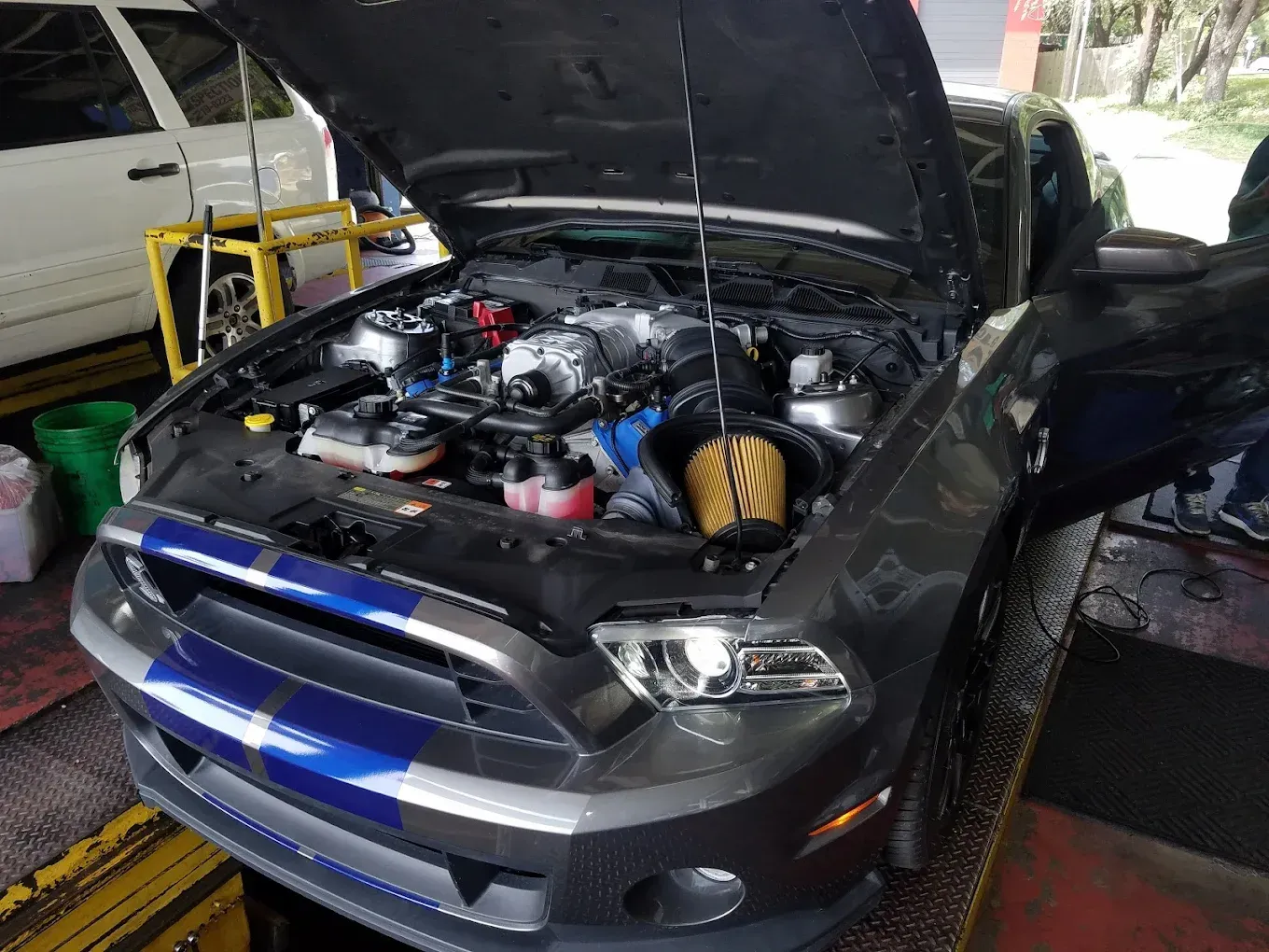 A gray Ford Mustang with blue racing stripes, hood open, parked in a garage with its engine bay exposed.