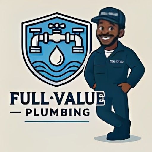 Full-Value Plumbing logo with a smiling plumber leaning on a shield with a faucet and water drop.