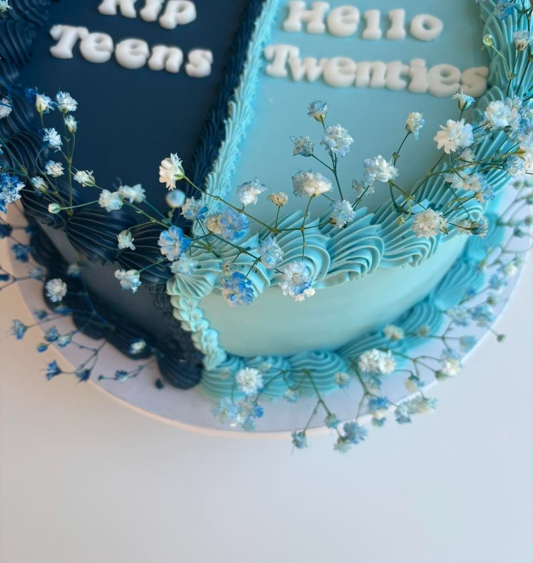 Torta decorata con glassa blu e azzurra, fiori e la scritta 