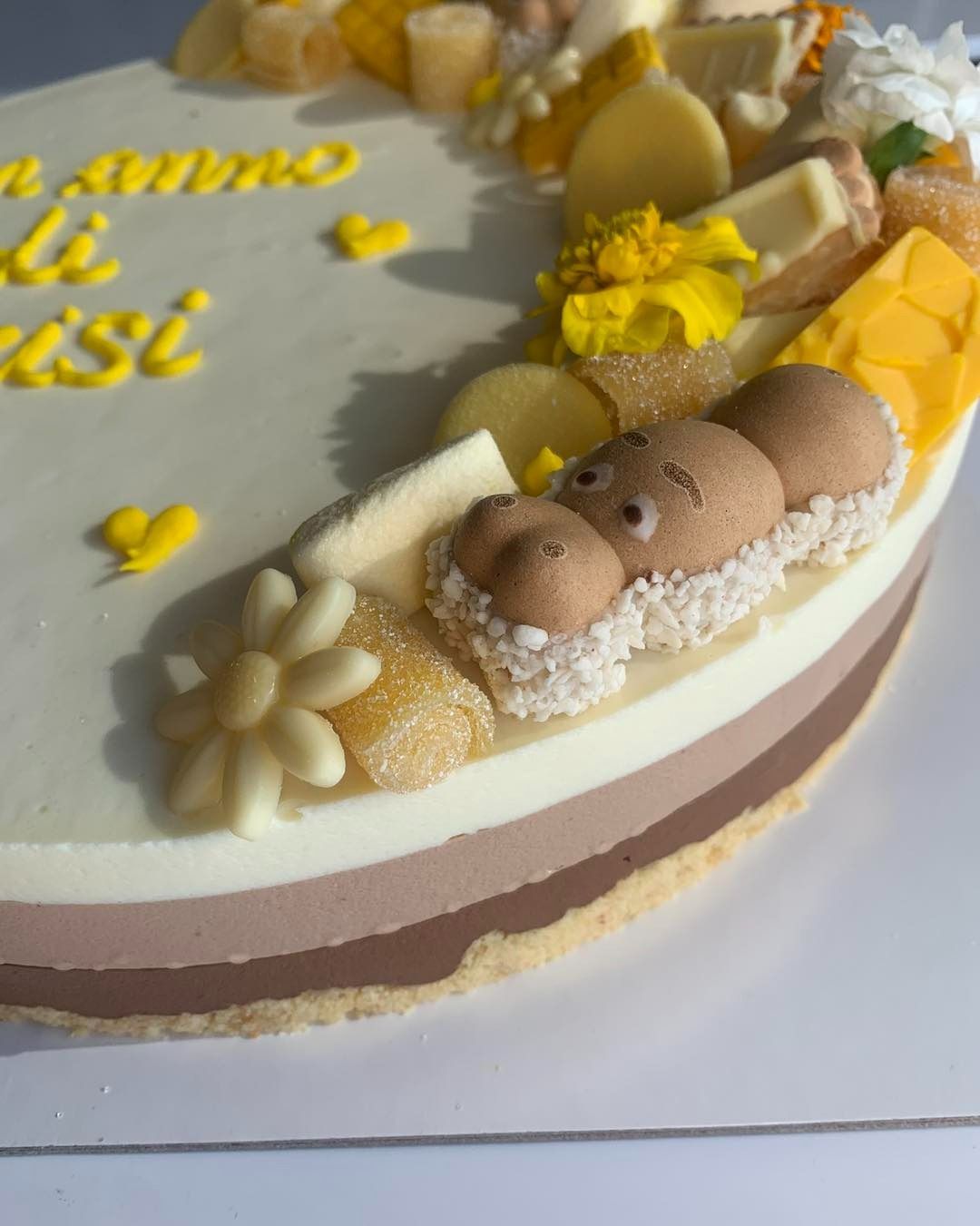 Torta al cioccolato a tre strati decorata con caramelle gialle e bianche e un biscotto a forma di ippopotamo.