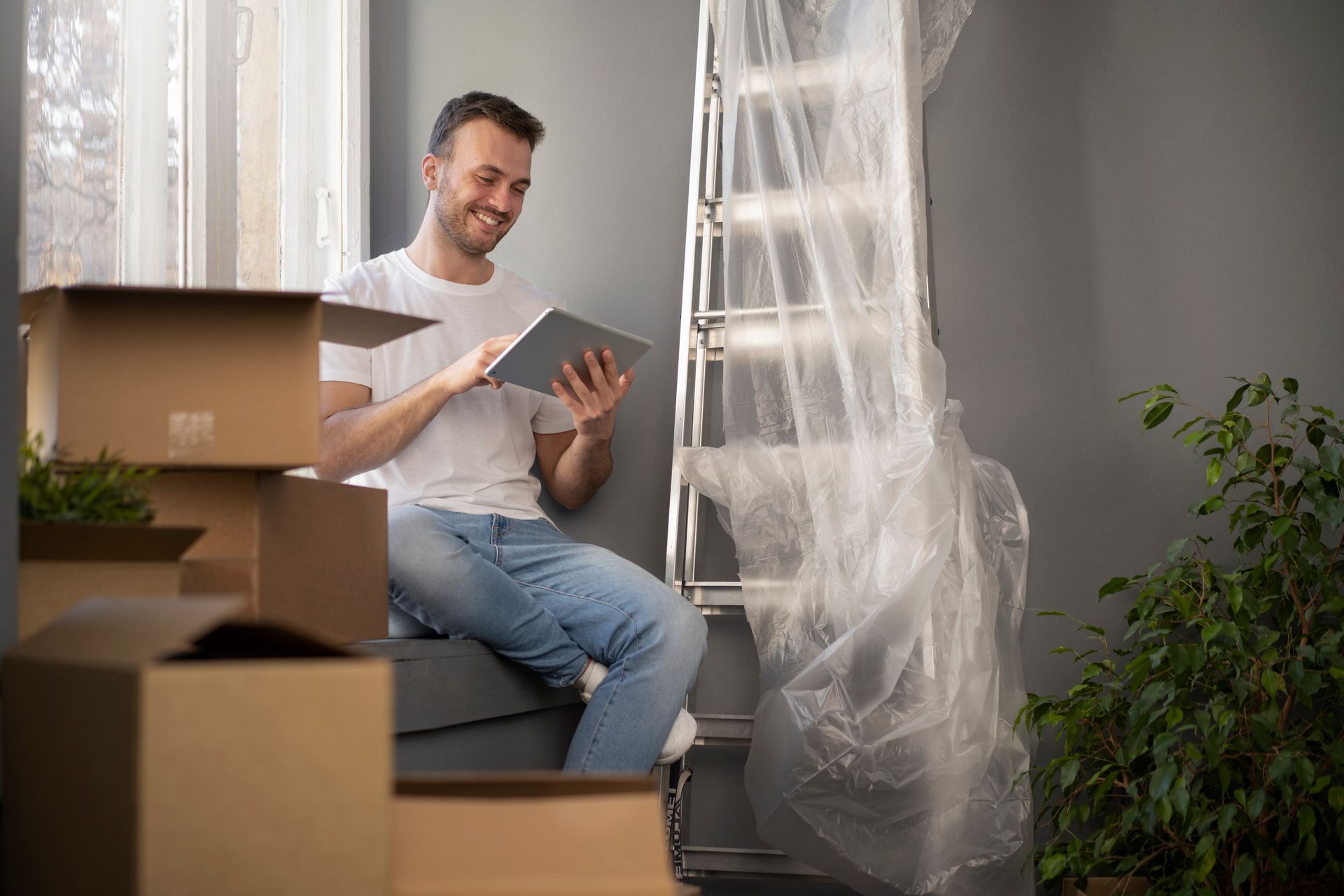 A man is sitting on a window sill surrounded by boxes and looking at a tablet.