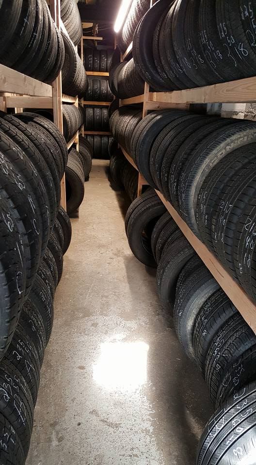 A warehouse filled with lots of tires on shelves.