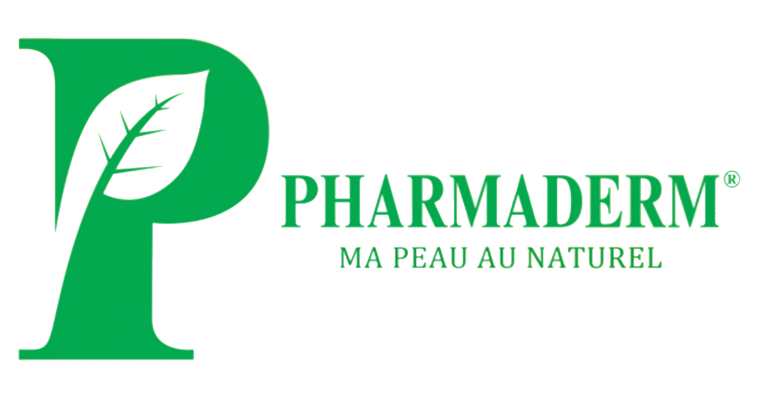 The logo for pharmaderm is a green letter p with a leaf on it.
