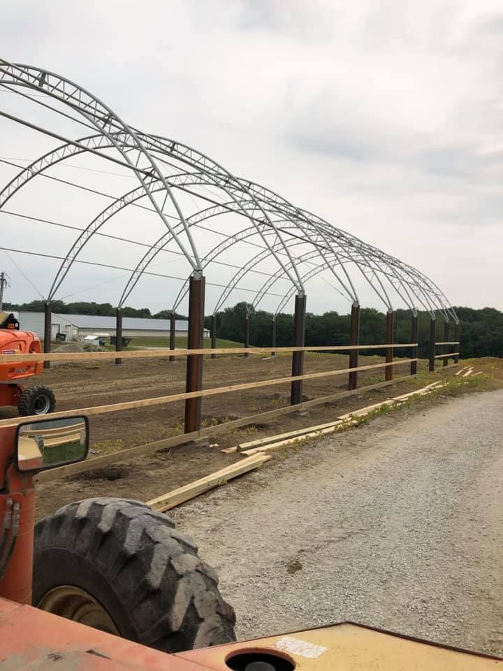 A white boat is parked in the grass next to a yellow ladder.