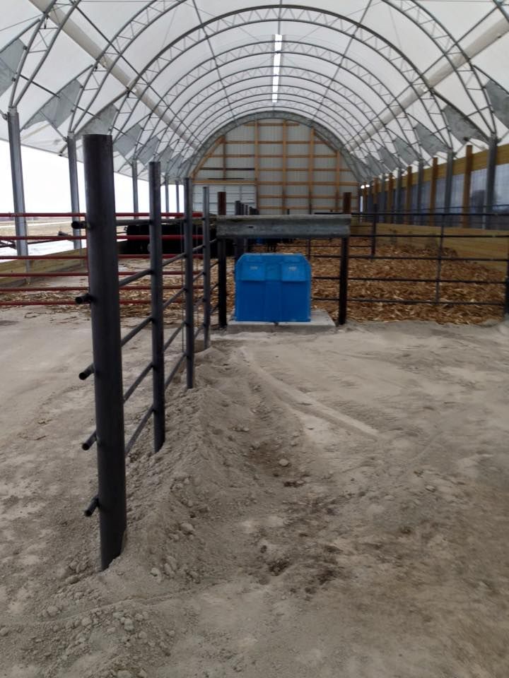 Inside a covered structure: a black metal fence, a blue box, and a dirt floor.