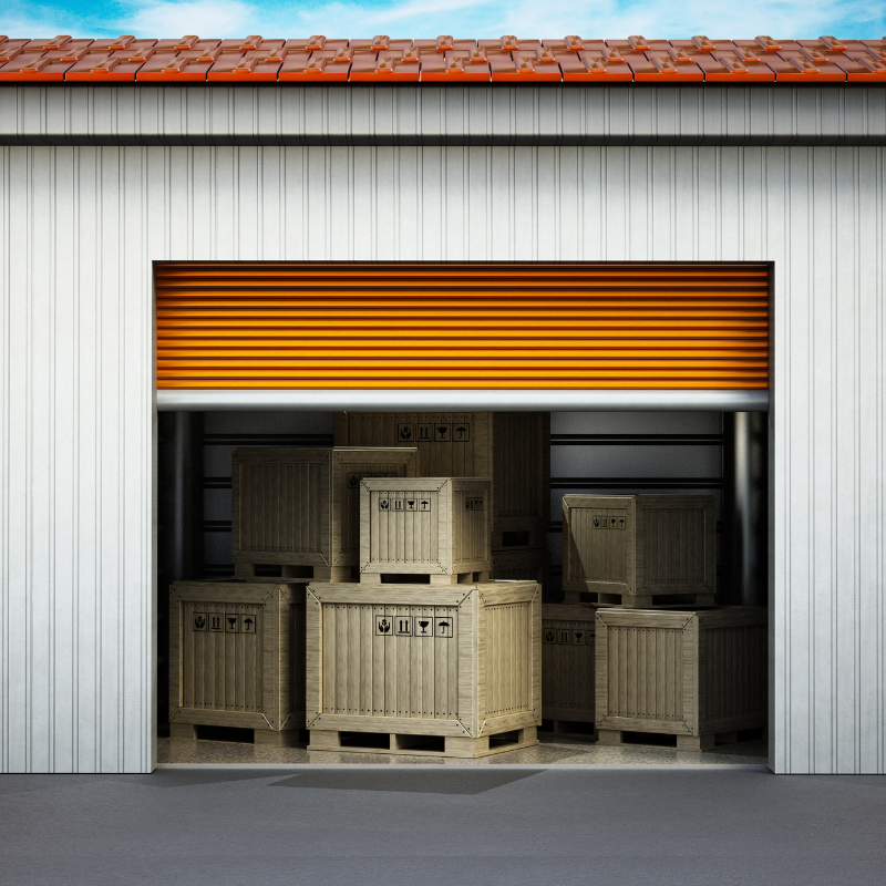 Storage unit with orange door open, revealing stacked wooden crates.