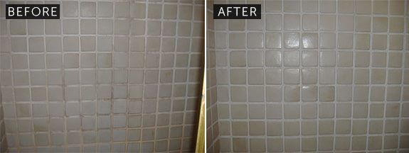 Before and after of a tile wall cleaning. The 