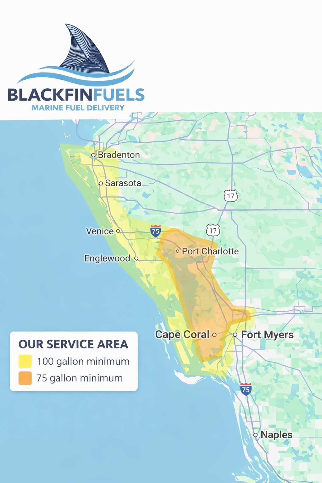 Blackfin Fuels Marine Fuel Delivery Service Areas Map and Gallon Minimum