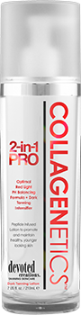 Bottle of collagen-infused skincare. Red text on a white label against a clear bottle with a pump.