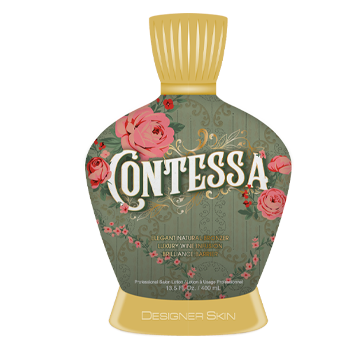 Bottle of Contessa tanning lotion, with floral design on a green background and gold accents.
