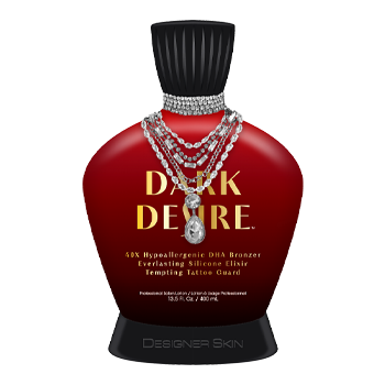 Dark Desire tanning lotion bottle, red with a diamond necklace, black cap and base, by Designer Skin.