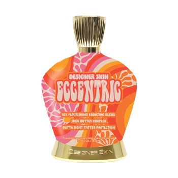 Tanning lotion bottle with orange and pink retro design. It says