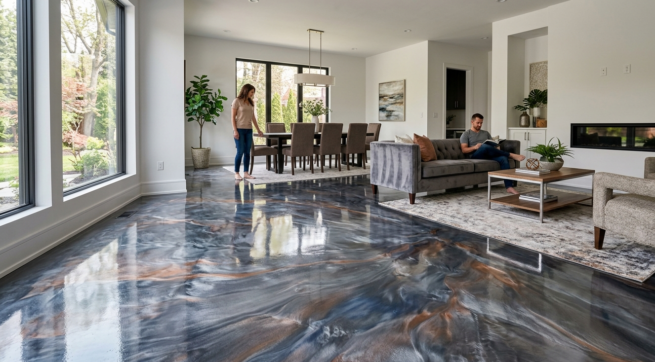 Modern living room with glossy blue floor, large windows, sofa, dining table, and two people inside