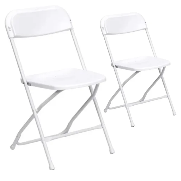 Two white folding chairs are sitting next to each other on a white background.