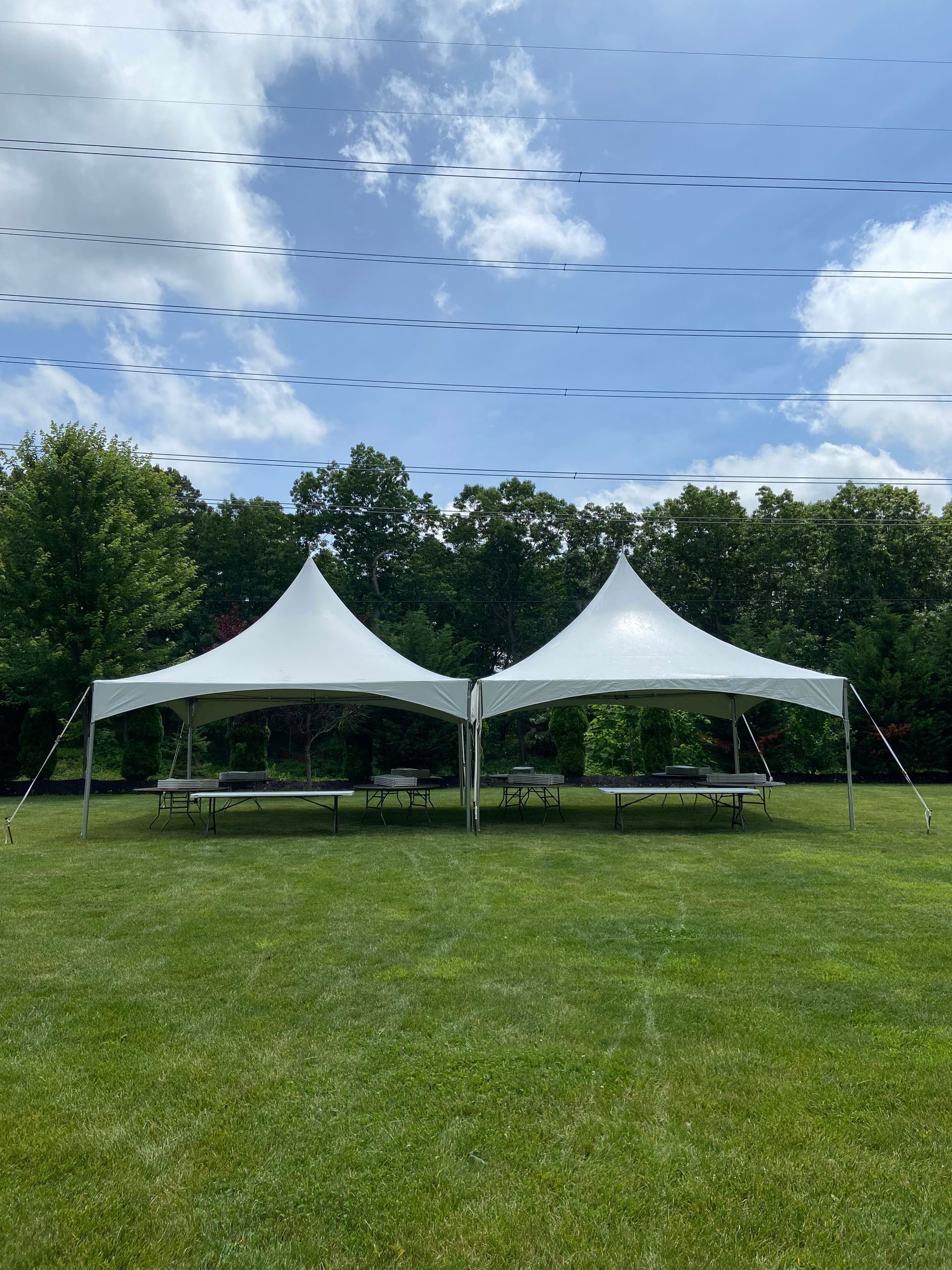 Two white tents are sitting in the middle of a grassy field.