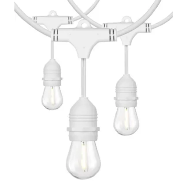 A string of white lights with clear bulbs hanging from a white wire.