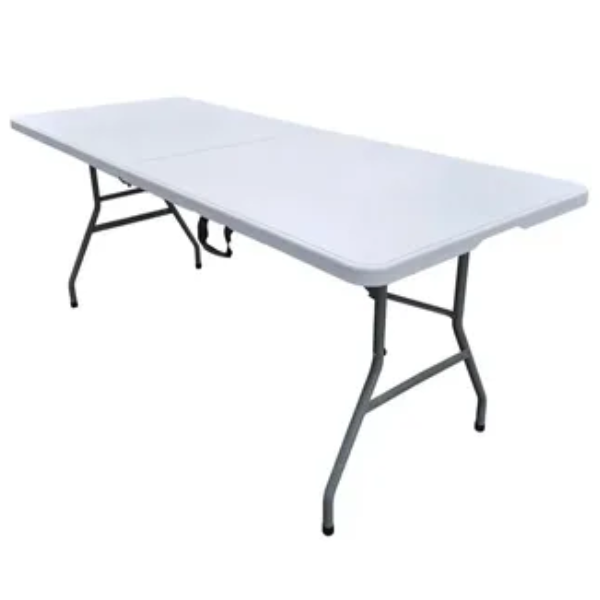 A white folding table with metal legs on a white background