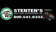 Stenten's Golf Cart Accessories logo with a golf cart illustration and a red golf cart on black background.