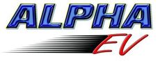 Alpha EV logo in blue and red with speed lines.