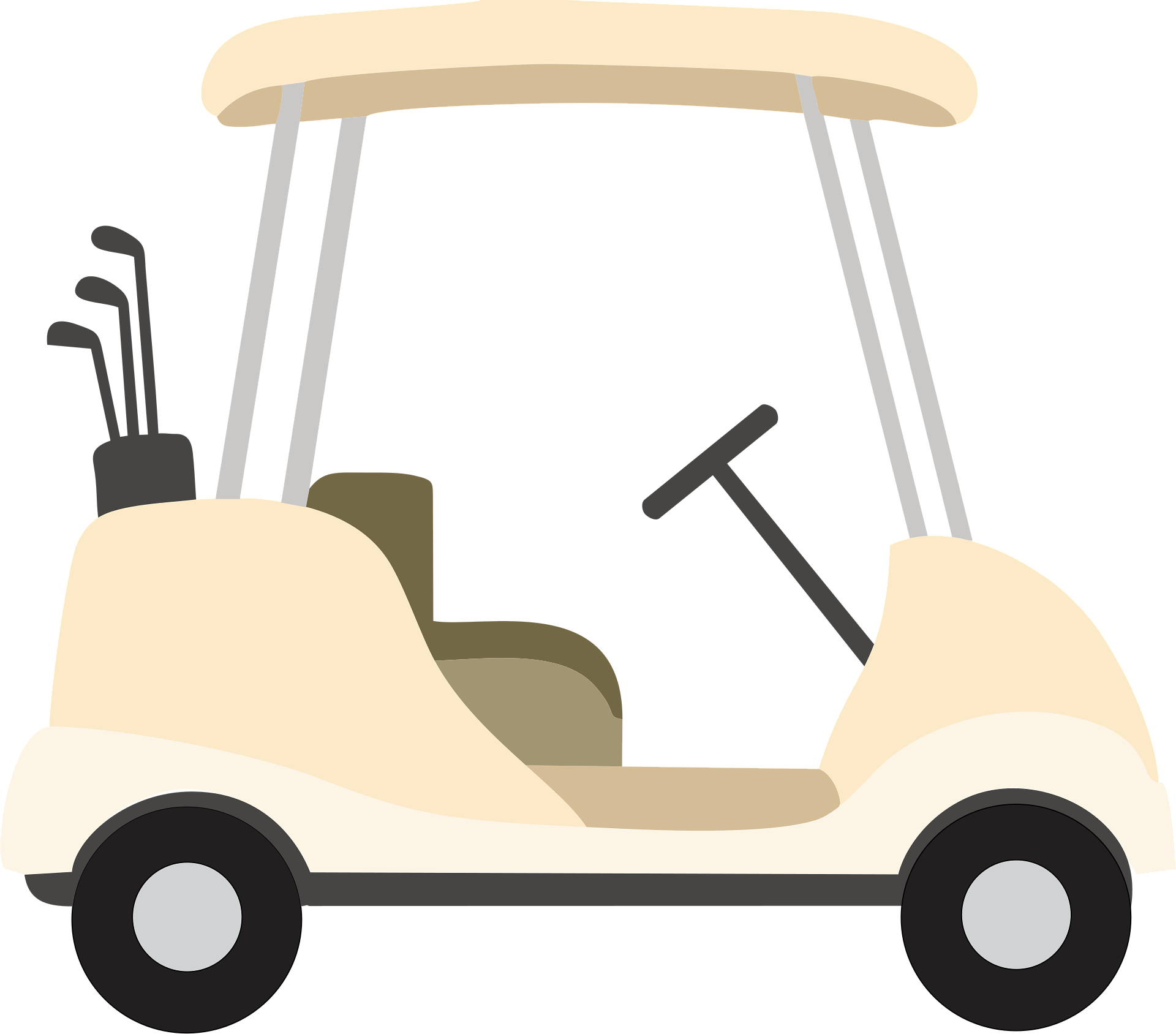 Beige golf cart with clubs in a bag.